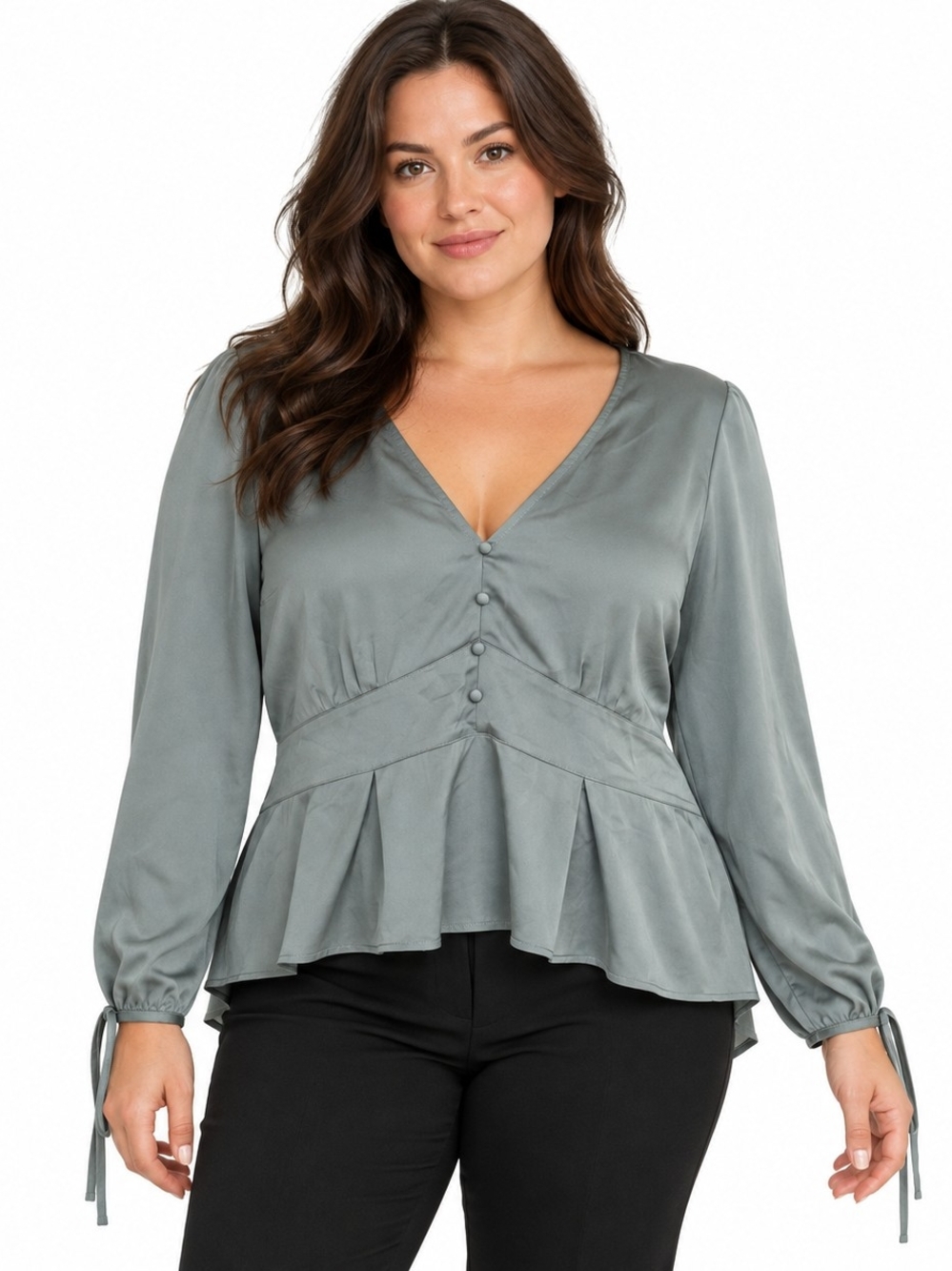 Abercrombie & Fitch Sage Green Satin Peplum Blouse XL Long Sleeve Tie Cuffs